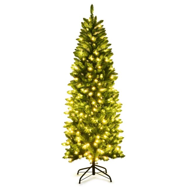 Costway 6FT Pre-Lit Artificial Christmas Tree Hinged Pencil XmasTree in Green - image 1