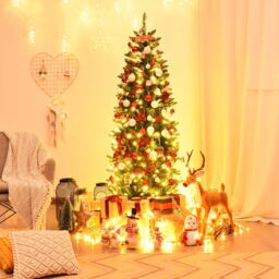 Costway 6FT Pre-Lit Artificial Christmas Tree Hinged Pencil XmasTree in Green - thumbnail 4