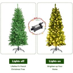 Costway 6FT Pre-Lit Artificial Christmas Tree Hinged Pencil XmasTree in Green - thumbnail 5