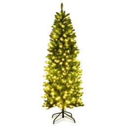 Costway 6FT Pre-Lit Artificial Christmas Tree Hinged Pencil XmasTree in Green - thumbnail 1