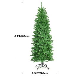 Costway 6FT Pre-Lit Artificial Christmas Tree Hinged Pencil XmasTree in Green - thumbnail 2