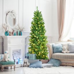 Costway 6FT Pre-Lit Artificial Christmas Tree Hinged Pencil XmasTree in Green - thumbnail 3