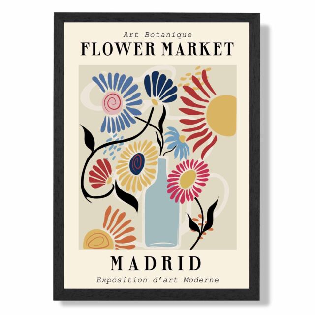 ARTZE Madrid Blue & Pink Flower Market Exhibition Framed Print SIZE: A3 with Black Frame in Mid Blue - Size: A4 - image 1