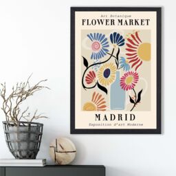 ARTZE Madrid Blue & Pink Flower Market Exhibition Framed Print SIZE: A3 with Black Frame in Mid Blue - Size: A4 - thumbnail 2