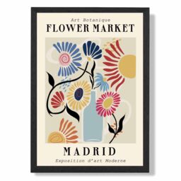 ARTZE Madrid Blue & Pink Flower Market Exhibition Framed Print SIZE: A3 with Black Frame in Mid Blue - Size: A4 - thumbnail 1