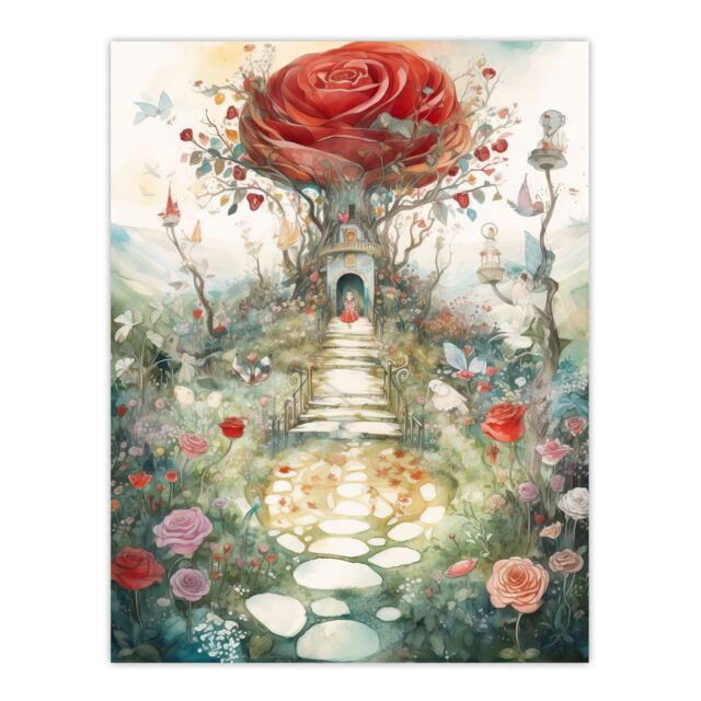 "Artery8 Wall Art Print Alice In Wonderland Painting Red Roses Queen Hearts Whimsical Magical Adventure Painting Poster - Size: W24"" x H32""" - image 1