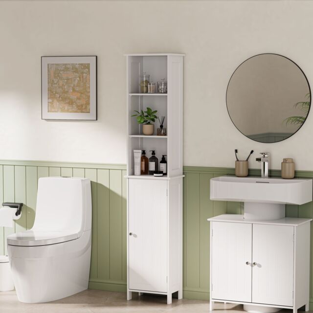 VonHaus Holbrook Freestanding Slim Tall Bathroom Storage Cabinet in White - image 1