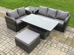 Fimous 6 Seater Outdoor Rattan Garden Furniture Sets Height Adjustable Rising lifting Dining Table Lounge Sofa Set in Dark Grey - thumbnail 1