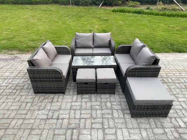 Fimous Outdoor Garden Furniture Sets 7 Pieces Wicker Rattan Furniture Sofa Sets with Rectangular Coffee Table Love seat Sofa 3 Footstools in Dark Grey - image 1