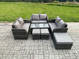 Fimous Outdoor Garden Furniture Sets 7 Pieces Wicker Rattan Furniture Sofa Sets with Rectangular Coffee Table Love seat Sofa 3 Footstools in Dark Grey - thumbnail 1