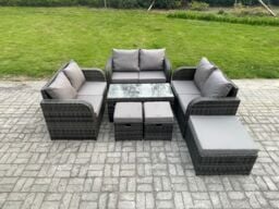 Fimous Outdoor Garden Furniture Sets 7 Pieces Wicker Rattan Furniture Sofa Sets with Rectangular Coffee Table Love seat Sofa 3 Footstools in Dark Grey - thumbnail 2