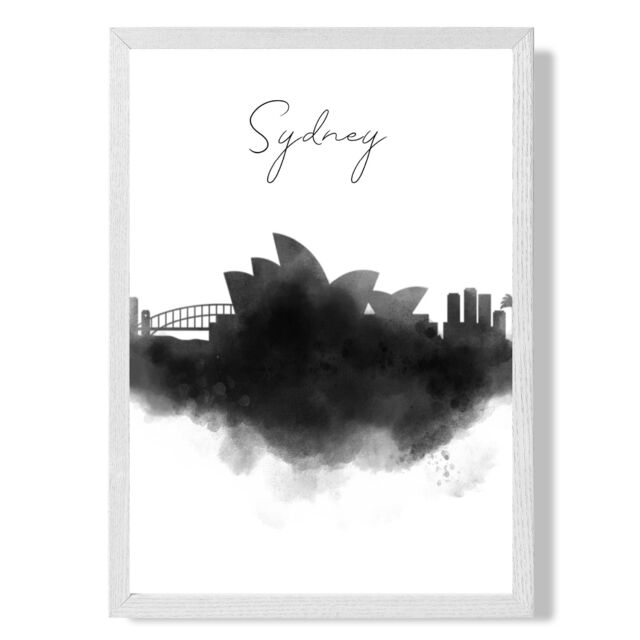 ARTZE Sydney Watercolour Skyline City Framed Print SIZE: A4 with White Frame in Black - image 1