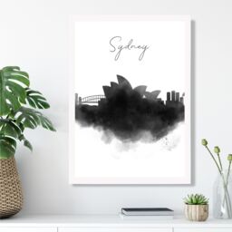 ARTZE Sydney Watercolour Skyline City Framed Print SIZE: A4 with White Frame in Black - thumbnail 2