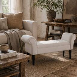 Wyld Haus Cream Padded Piano Bench with Lift Up Storage Rubberwood Legs