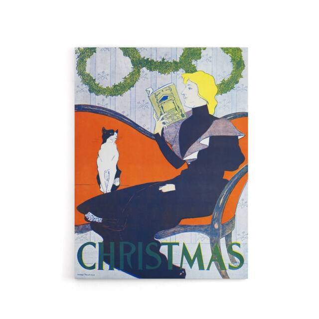 "Artery8 Vintage Christmas Woman With Cat Canvas Wall Art Print E Penfield in Red - Size: W18"" x H24""" - image 1