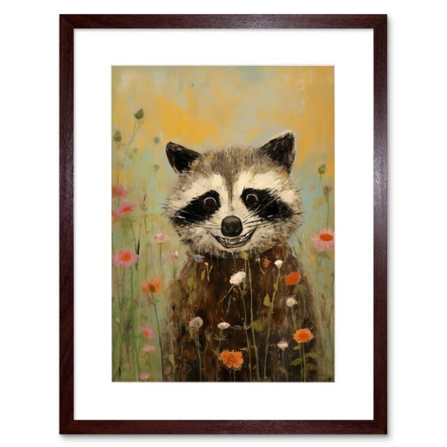 Artery8 Wall Art Print Gleeful Raccoon Picking Flowers Oil Painting Red White Blooms Spring Meadow Landscape Kids Bedroom Artwork Framed 9X7 Inch - image 1