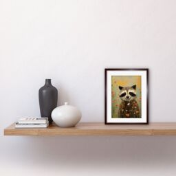 Artery8 Wall Art Print Gleeful Raccoon Picking Flowers Oil Painting Red White Blooms Spring Meadow Landscape Kids Bedroom Artwork Framed 9X7 Inch - thumbnail 2