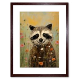 Artery8 Wall Art Print Gleeful Raccoon Picking Flowers Oil Painting Red White Blooms Spring Meadow Landscape Kids Bedroom Artwork Framed 9X7 Inch - thumbnail 1
