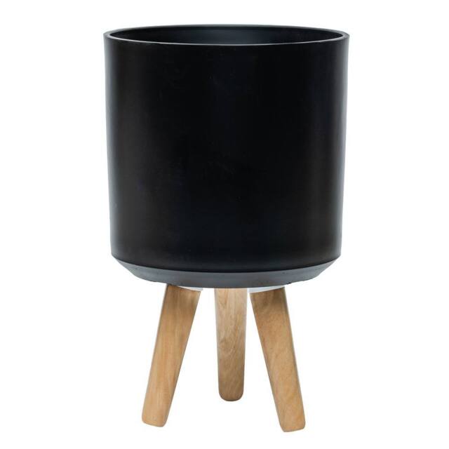 simpa Urban 12L Round Plastic Planter with Wooden Legs in Black - image 1