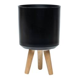 simpa Urban 12L Round Plastic Planter with Wooden Legs in Black