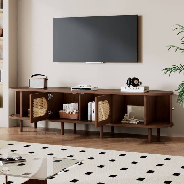 BTM Oval TV Stand Dark Walnut Rattan Sliding Doors Storage Cabinet - image 1