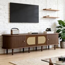 BTM Oval TV Stand Dark Walnut Rattan Sliding Doors Storage Cabinet - thumbnail 9