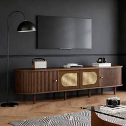 BTM Oval TV Stand Dark Walnut Rattan Sliding Doors Storage Cabinet - thumbnail 7