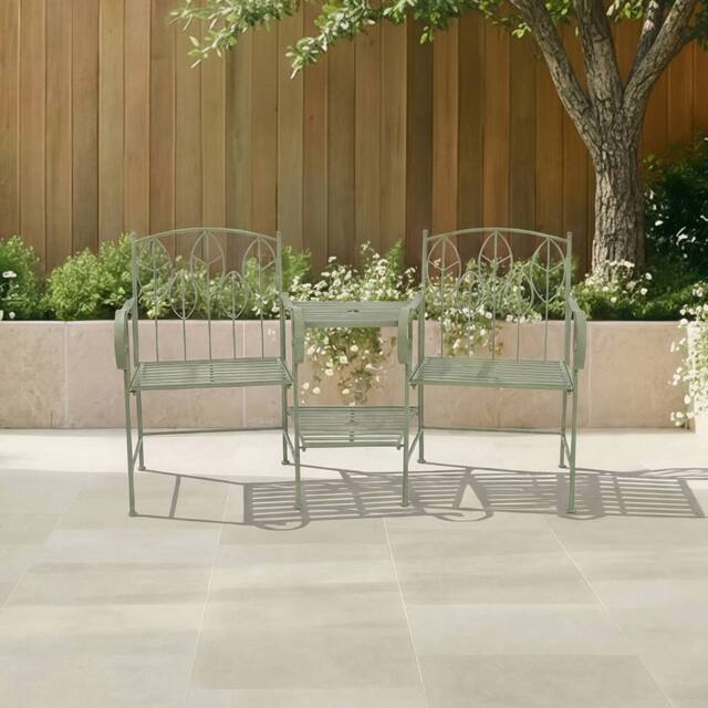 Charles Bentley Sage Green Leaf Design Rustic Metal Garden Companion Seat - image 1