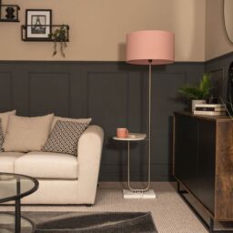 ValueLights Tavel Brushed Chrome Marble Base Floor Lamp With Table & Large Blush Pink Shade in Silver