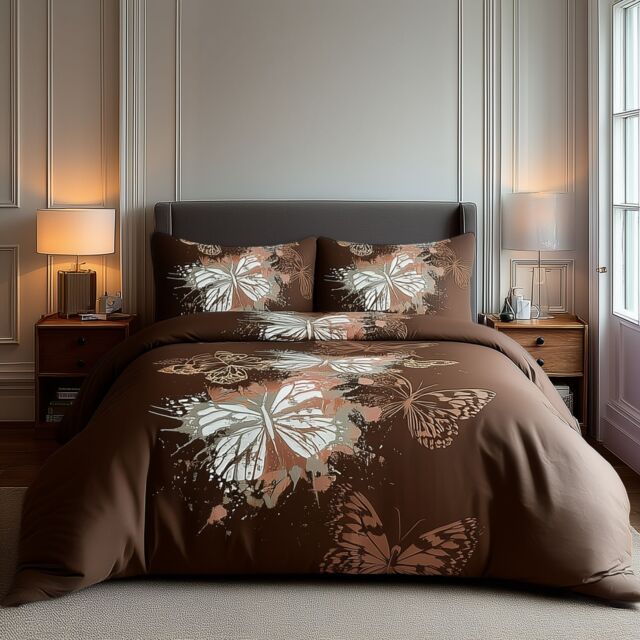 Snug City Duvet Cover & Pillowcase Set Printed Butterfly Design Bed Linen in Chocolate - Size: Double - image 1
