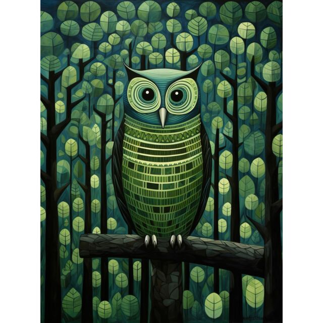 "Artery8 Wall Art Print Sage Green Owl Perched in Geometric Forest Night Dusk Poster - Size: W12"" x H16""" - image 1