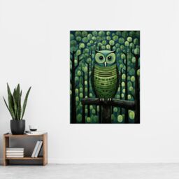 "Artery8 Wall Art Print Sage Green Owl Perched in Geometric Forest Night Dusk Poster - Size: W12"" x H16""" - thumbnail 2