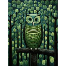 "Artery8 Wall Art Print Sage Green Owl Perched in Geometric Forest Night Dusk Poster - Size: W12"" x H16""" - thumbnail 1