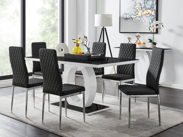 FurnitureboxUK Giovani Rectangular 6 Seat White High Gloss Unique Halo Dining Table Black Glass Top 6 Faux Leather Silver Leg Milan Chairs - image 1
