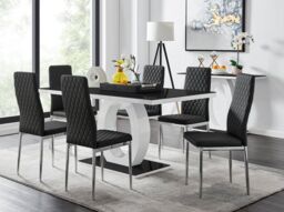 FurnitureboxUK Giovani Rectangular 6 Seat White High Gloss Unique Halo Dining Table Black Glass Top 6 Faux Leather Silver Leg Milan Chairs - thumbnail 1