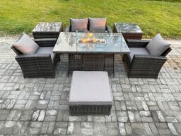Fimous 5 Seater Outdoor Rattan Sofa Set Garden Furniture Gas Firepit Dining Table Heater with 2 Side Tables in Dark Grey - thumbnail 1