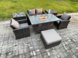 Fimous 5 Seater Outdoor Rattan Sofa Set Garden Furniture Gas Firepit Dining Table Heater with 2 Side Tables in Dark Grey - thumbnail 2