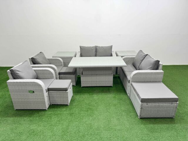 Fimous 9 Seater Outdoor Reclining Chair Love Sofa Set Rattan Garden Furniture Set w/ Adjustable Lifting Dining or Coffee Table 3 Stools 2 Side Table - image 1
