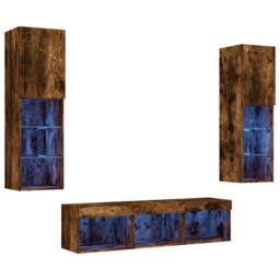 Berkfield Home Versatile 5 Piece TV Wall Units with LED Smoked Oak Engineered Wood in Brown - thumbnail 3