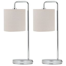 First Choice Lighting Set of 2 Arched Table Lamps with Natural Linen Shades in Silver