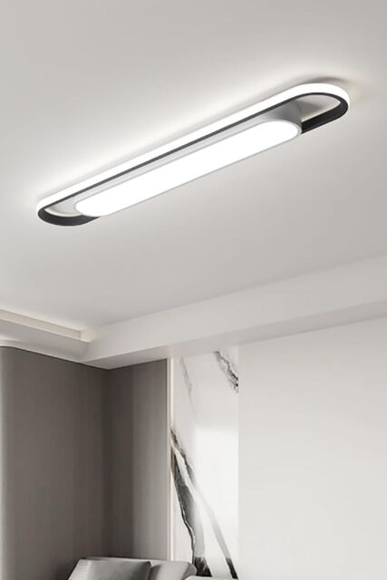 Living and Home Modern Minimalist Long Strip LED Ceiling Light with Geometric Metal Ring Design in Black - image 1