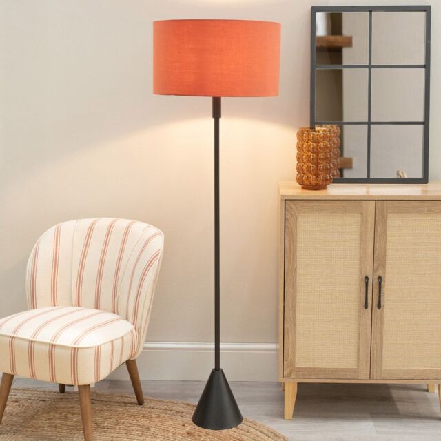 ValueLights Mitch Fabric Drum Lamp Shade Black Wood Stem Triangle Floor Lamp with LED Bulb in Burnt Orange - image 1