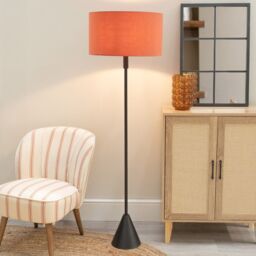 ValueLights Mitch Fabric Drum Lamp Shade Black Wood Stem Triangle Floor Lamp with LED Bulb in Burnt Orange