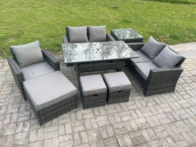 Fimous 8 Seater Outdoor Garden Dining Set Wicker PE Rattan Furniture Sofa with Dining Table Double Seat Sofa Side Table 3 Footstools in Dark Grey