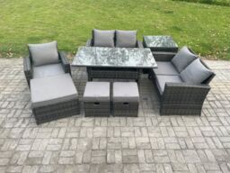 Fimous 8 Seater Outdoor Garden Dining Set Wicker PE Rattan Furniture Sofa with Dining Table Double Seat Sofa Side Table 3 Footstools in Dark Grey - thumbnail 2