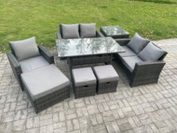 Fimous 8 Seater Outdoor Garden Dining Set Wicker PE Rattan Furniture Sofa with Dining Table Double Seat Sofa Side Table 3 Footstools in Dark Grey - thumbnail 1