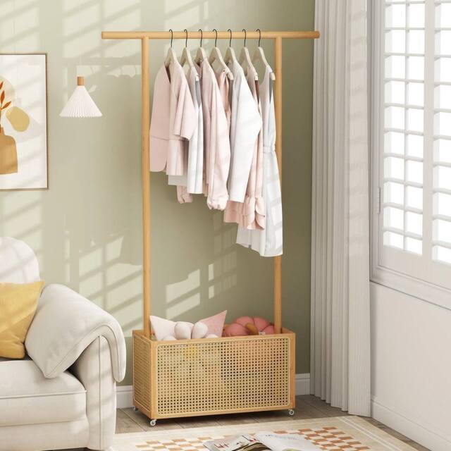 VOGREX Natural Bamboo Garment Rack with Rattan Storage Basket in Beige - image 1