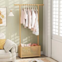 VOGREX Natural Bamboo Garment Rack with Rattan Storage Basket in Beige