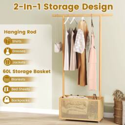 VOGREX Natural Bamboo Garment Rack with Rattan Storage Basket in Beige - thumbnail 6