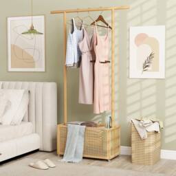 VOGREX Natural Bamboo Garment Rack with Rattan Storage Basket in Beige - thumbnail 3